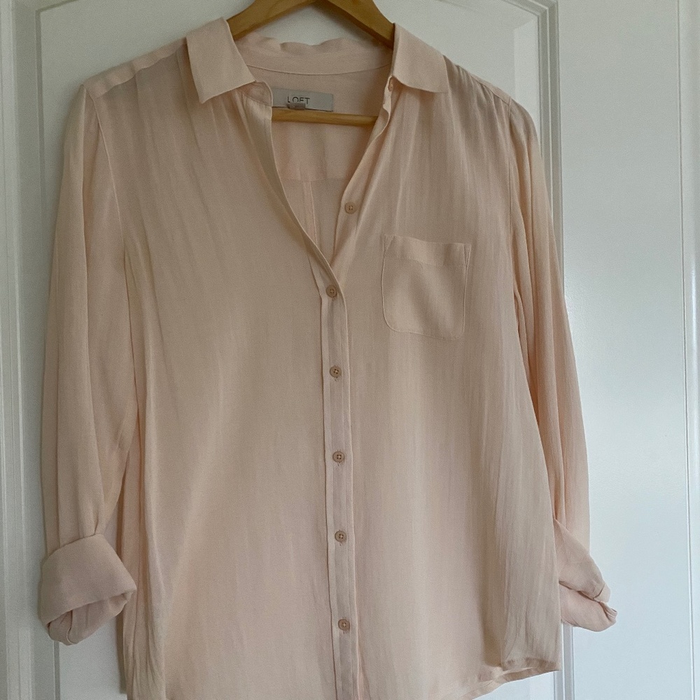 LOFT - blush pink, light weight button down top. Size Small.